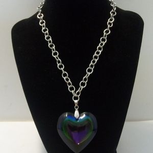 Vintage Blue Heart Charm Silver Chain Necklace